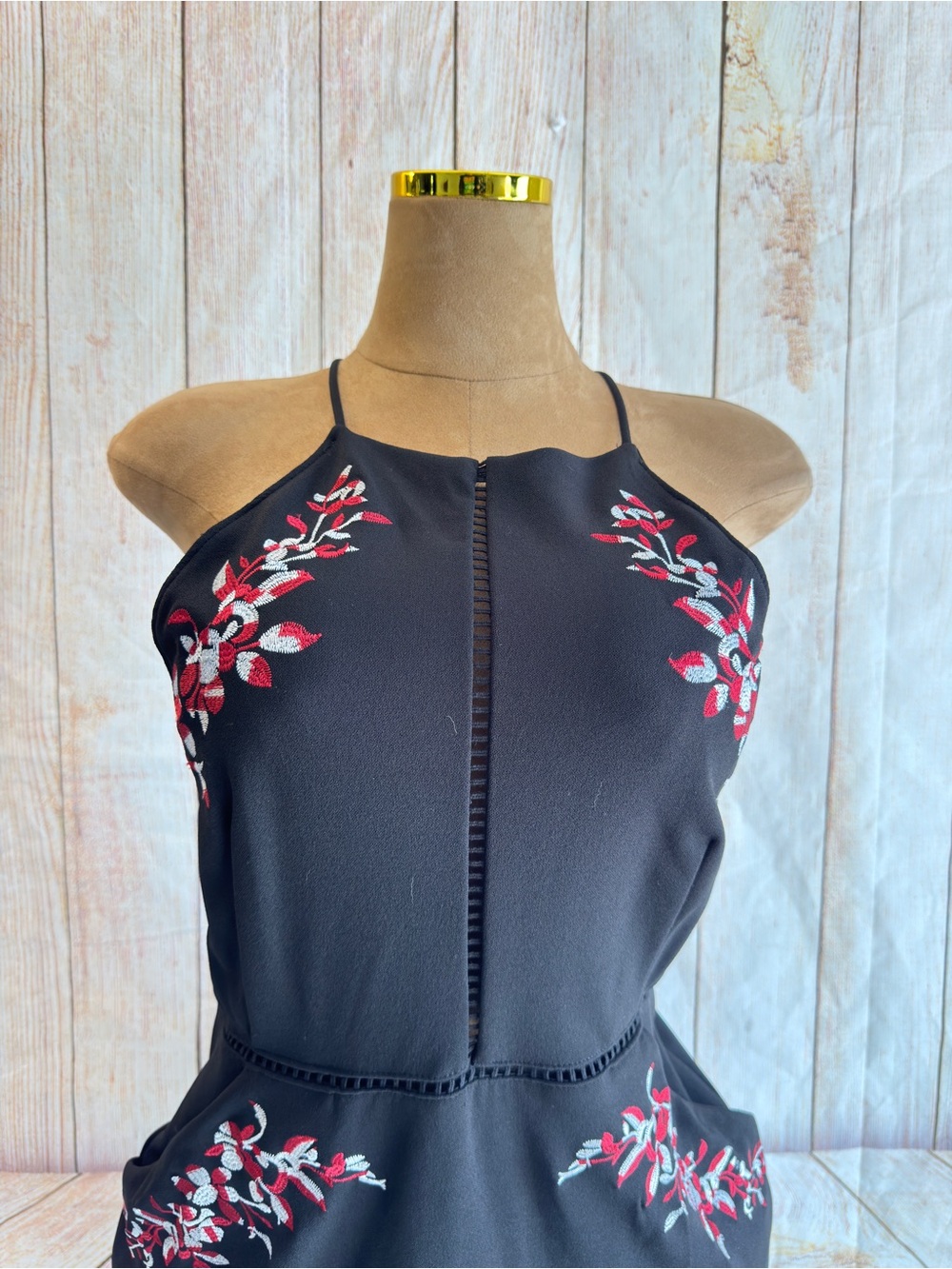 Bisou Bisou Black Halter knee length Dress-Red & White Floral Accents 16 Y2K - Picture 2 of 11